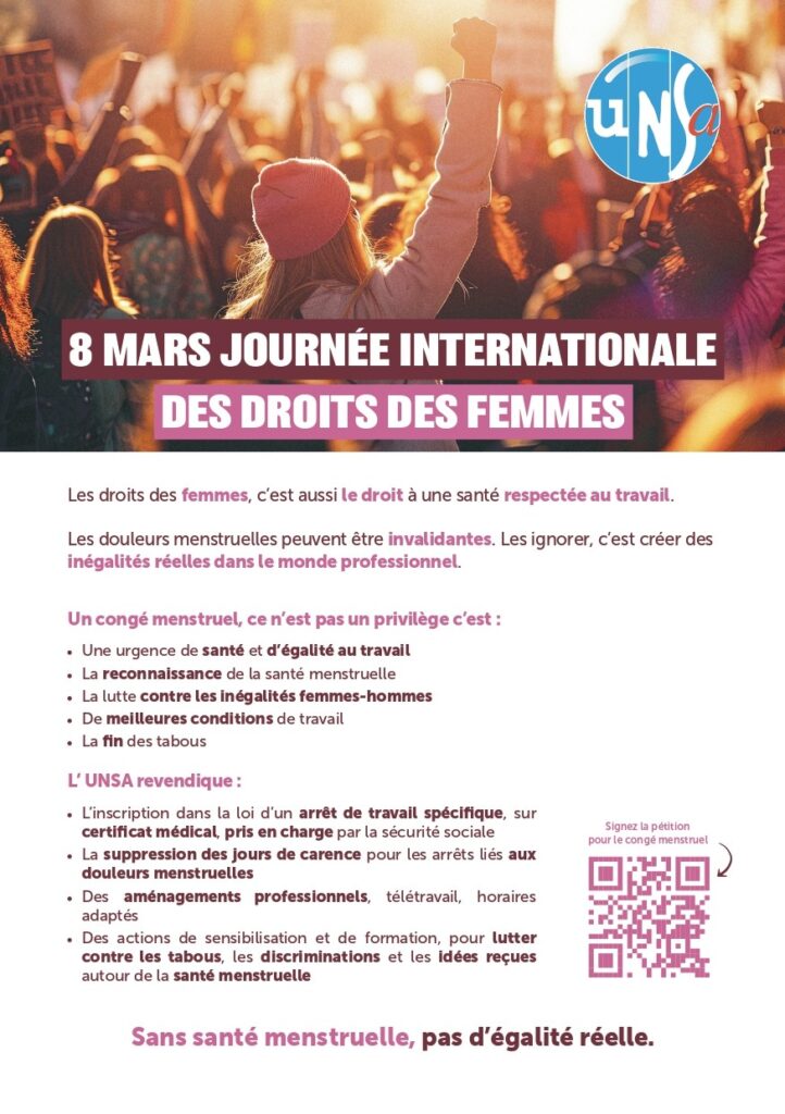 Affiche Tract UNSA 8 mars droits des femmes santé menstruelle travail